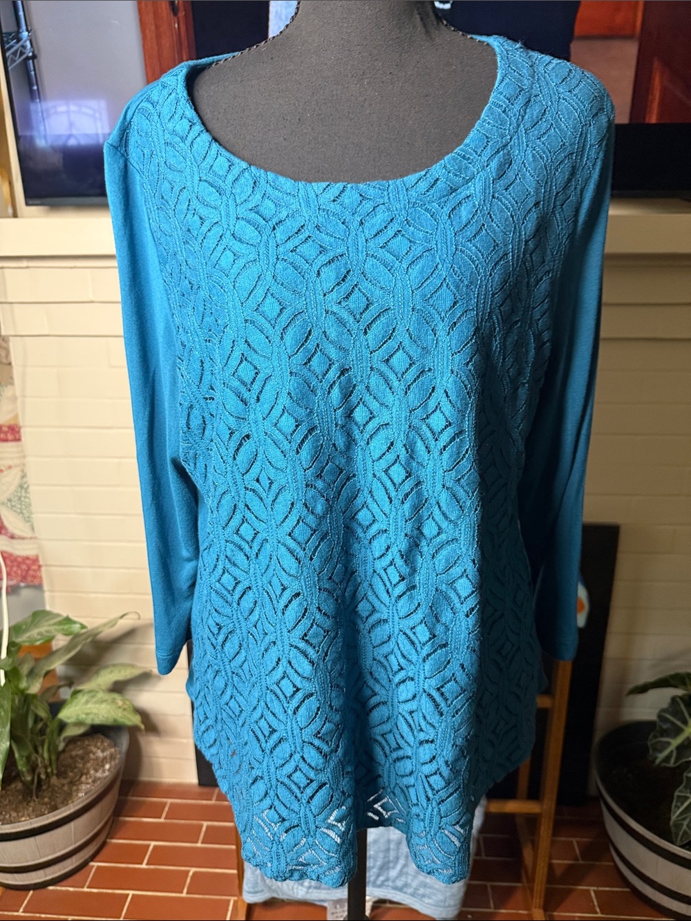 croft & barrow Teal Lace-Front Long Sleeve Knit Top